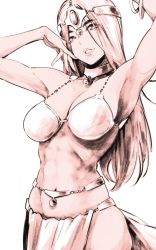 Rule 34 | 1girl, armpits, arms up, bare shoulders, bracelet, breasts, circlet, cleavage, cowboy shot, dragon quest, dragon quest iv, headgear, jewelry, large breasts, loincloth, long hair, manya (dq4), monochrome, navel, parted lips, pelvic curtain, sketch, smile, solo, standing, yurikawa