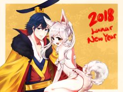 Rule 34 | 1boy, 1girl, animal ears, chinese clothes, chrom (fire emblem), dog ears, fire emblem, fire emblem awakening, fire emblem heroes, guan hat, highres, japanese clothes, kimono, long hair, looking at viewer, mian guan, nintendo, robin (female) (fire emblem), robin (fire emblem), twintails, white hair