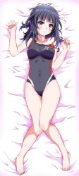 Rule 34 | 1girl, agatsuma kaede, alice gear aegis, barefoot, black hair, black one-piece swimsuit, blue eyes, blunt bangs, breasts, collarbone, commentary request, competition swimsuit, dakimakura (medium), eggman (pixiv28975023), full body, highres, long hair, looking at viewer, lying, medium breasts, on back, one-piece swimsuit, solo, strap slip, swimsuit
