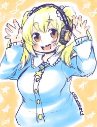 Rule 34 | 1girl, blonde hair, blush, breasts, chinad011, headphones, huge breasts, looking at viewer, nitroplus, open mouth, orange eyes, plump, short hair, smile, solo, super pochaco, twintails