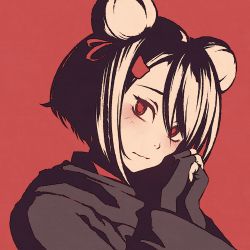 Rule 34 | 1girl, black gloves, blush, brown hair, double bun, fingerless gloves, gloves, looking back, moshimoshibe, original, own hands together, red background, red eyes, short hair, solo