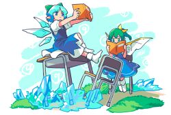 Rule 34 | 2girls, blue dress, blue eyes, blue hair, bobby socks, book, bow, chair, circled 9, cirno, closed mouth, covered mouth, daiyousei, day, desk, doggo 1d34, dress, fairy wings, frozen, full body, grass, green bow, green eyes, green hair, hair bow, highres, holding, holding book, ice, light blue hair, multiple girls, on chair, on desk, open book, outdoors, outstretched arms, parted bangs, pinafore dress, pointy ears, puffy short sleeves, puffy sleeves, reading, school chair, school desk, shirt, short hair, short sleeves, side ponytail, signature, sitting, sleeveless, sleeveless dress, socks, touhou, white shirt, white socks, wings