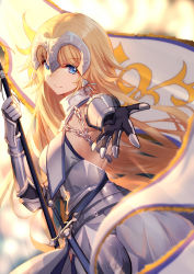 Rule 34 | 1girl, armor, armored dress, bison cangshu, blonde hair, blue eyes, blurry, chain, closed mouth, commentary request, depth of field, fate/apocrypha, fate/grand order, fate (series), flag, flagpole, gauntlets, headpiece, jeanne d&#039;arc (fate), jeanne d&#039;arc (ruler) (fate), jeanne d&#039;arc (third ascension) (fate), long hair, looking at viewer, outstretched arm, reaching, reaching towards viewer, solo, yellow eyes