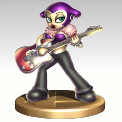 Rule 34 | 1girl, animal ears, bad id, bad pixiv id, barbara bat, bracelet, breasts, daigasso! band brothers, earrings, electric guitar, eyeliner, fangs, feather boa, figure, gonzarez, green eyes, guitar, hoop earrings, instrument, jewelry, lipstick, makeup, music, nail polish, nintendo, pants, playing instrument, purple hair, solo, spiked bracelet, spikes, strapless, super smash bros., tube top