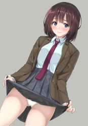Rule 34 | 1girl, absurdres, blazer, blue eyes, blush, breasts, brown hair, buttons, clothes lift, fingernails, grey background, highres, holding, jacket, lifting own clothes, lips, long sleeves, looking at viewer, medium breasts, necktie, open clothes, original, panties, pleated skirt, red necktie, scan, school uniform, shirt, short hair, simple background, skirt, skirt hold, skirt lift, solo, thighs, unasaka ryou, underwear, white panties