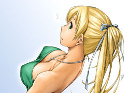 Rule 34 | 1girl, back, bare shoulders, blonde hair, breasts, cleavage, collarbone, downblouse, covered erect nipples, female focus, from above, from behind, green eyes, jewelry, large breasts, long hair, looking back, mt1, necklace, open mouth, original, ponytail, solo, strapless, surprised