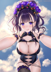 Rule 34 | 1girl, archer (fate), archer (summer casual) (fate), areola slip, armlet, bare shoulders, black hair, black one-piece swimsuit, black thighhighs, blunt bangs, breasts, cleavage, closed mouth, commentary request, fate/grand order, fate (series), from below, hair up, haneru, heart, heart-shaped pupils, highleg, highleg swimsuit, highres, large breasts, licking lips, looking at viewer, murasaki shikibu (fate), murasaki shikibu (swimsuit rider) (fate), murasaki shikibu (swimsuit rider) (first ascension) (fate), navel, nipple slip, nipples, one-piece swimsuit, single thighhigh, smile, solo, striped clothes, striped thighhighs, swimsuit, symbol-shaped pupils, thighhighs, tongue, tongue out, vertical-striped clothes, vertical-striped thighhighs