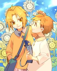 Rule 34 | 2boys, aged down, alphonse elric, aqua background, arm at side, av (abusive), bag, blonde hair, blue background, blush, brothers, buttons, child, clenched teeth, closed mouth, collared shirt, dot nose, edward elric, eyelashes, eyes visible through hair, facing away, field, flower, flower field, fullmetal alchemist, gradient background, grey shirt, grin, hand up, happy, holding, holding bag, jitome, leaf, leaning, leaning to the side, long sleeves, looking at another, male focus, multiple boys, nose blush, orange shirt, partially colored, profile, shirt, siblings, side-by-side, simple background, smile, star (symbol), starry background, sunflower, sunflower field, tareme, teeth, upper body, v-shaped eyebrows, wide sleeves, yellow eyes, yellow theme