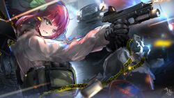 Rule 34 | 1girl, ammunition pouch, angel beats!, battle, black gloves, black hairband, blurry, bulletproof vest, caution tape, clenched teeth, commission, depth of field, eyelashes, fighting stance, firing, floating hair, glock, gloves, green eyes, green ribbon, grey jacket, gun, hair between eyes, hair ribbon, hairband, handgun, holding, holding gun, holding weapon, jacket, long sleeves, looking afar, medium hair, military uniform, motion blur, nakamura yuri, outdoors, own hands together, pouch, purple hair, ribbon, rock, shell casing, signature, skeb commission, solo, sweat, takei (jamfusion), teeth, uniform, weapon, weapon request