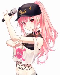 Rule 34 | 1girl, \n/, breasts, chain, closed mouth, crop top, double \n/, female focus, gold chain, hair through headwear, hands up, hat, highres, holding, holding microphone, hololive, hololive english, jewelry, long hair, looking at viewer, microphone, midriff, mori calliope, mori calliope (streetwear), navel, necklace, official alternate costume, pink hair, ponytail, red eyes, shands, simple background, skull and crossbones, skull print, solo, strap slip, upper body, virtual youtuber, white background