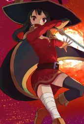 Rule 34 | 10s, bandaged leg, bandages, belt, black hair, black thighhighs, cape, commentary request, dress, hat, highres, holding, holding staff, kono subarashii sekai ni shukufuku wo!, megumin, red dress, red eyes, rerere, short hair with long locks, single thighhigh, solo, staff, thighhighs, witch hat