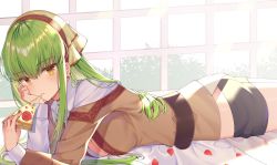 Rule 34 | 1girl, :t, bed, bed sheet, belt, black shorts, blush, breasts, brown shirt, c.c., cheese, cleavage, closed mouth, code geass, code geass: fukkatsu no lelouch, collared shirt, eating, food, green hair, hand on own cheek, hand on own face, head scarf, headdress, highres, holding, holding food, indoors, izumo neru, large breasts, long hair, long sleeves, looking at viewer, lying, medium breasts, off shoulder, on bed, on stomach, petals, pizza, pizza slice, revision, school uniform, shirt, short shorts, shorts, sidelocks, solo, sunlight, the pose, thighs, white shirt, window, wing collar, yellow eyes
