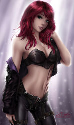 Rule 34 | 1girl, absurdres, bare shoulders, belt, breasts, cleavage, green eyes, hand in own hair, highres, jacket, jewelry, katarina (league of legends), league of legends, long hair, looking at viewer, medium breasts, midriff, navel, necklace, parted lips, red hair, scar, scar across eye, scar on face, solo, standing, stomach, tattoo, thigh strap, watermark, web address, z-duke