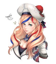 Rule 34 | 1girl, artist logo, beret, blonde hair, blue hair, buttons, commandant teste (kancolle), crazyskull, double-breasted, green eyes, hat, highres, kantai collection, lips, long hair, multicolored clothes, multicolored hair, multicolored scarf, plaid, plaid scarf, pom pom (clothes), red hair, scarf, simple background, solo, streaked hair, swept bangs, upper body, wavy hair, white background