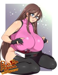 Rule 34 | 1girl, agawa ryou, arcade stick, artist name, black thighhighs, blue eyes, breast rest, breasts, brown hair, controller, game controller, gigantic breasts, glasses, gloves, highres, inconvenient breasts, joystick, lips, long hair, solo, tagme, thick lips, thighhighs, watermark, web address