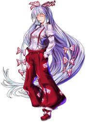 Rule 34 | 1girl, arm strap, baggy pants, bow, buttons, closed eyes, fujiwara no mokou, full body, hair bow, hands in pockets, highres, long hair, long sleeves, pants, shirt, silver hair, smile, smoking, solo, suspenders, tachi-e, touhou, transparent background, very long hair, white background, white bow, white shirt, zephid