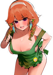 Rule 34 | 1girl, apron, areola slip, blush, braid, breasts, cleavage, dismassd, green hair, hairband, hand on own hip, highres, hololive, hololive english, large breasts, looking at viewer, multicolored hair, naked apron, nipple slip, nipples, open mouth, orange hair, purple eyes, solo, takanashi kiara, twin braids, virtual youtuber, white background