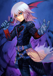 Rule 34 | 1boy, belt, belt buckle, blue eyes, bodysuit, buckle, closed mouth, hands up, heart, holding, holding sword, holding weapon, hungry clicker, keyblade, kingdom hearts, kingdom hearts i, looking at viewer, male focus, medium hair, muscular, purple background, riku (kingdom hearts), silver hair, smile, solo, sword, weapon