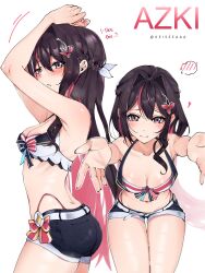 Rule 34 | 1girl, absurdres, armpits, artist name, azki (4th costume) (hololive), azki (hololive), bikini, black hair, blush, braid, breasts, character name, cleavage, colored inner hair, commentary, english commentary, hair ornament, highres, hololive, hololive summer 2023 swimsuit, keisea, long hair, looking at viewer, medium breasts, midriff, mole, mole under eye, multicolored hair, multiple views, navel, outstretched arms, pink hair, shorts, simple background, solo, spoken blush, striped bikini, striped clothes, sweatdrop, swimsuit, twitter username, vertical-striped bikini, vertical-striped clothes, virtual youtuber, white background