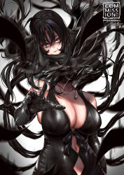 Rule 34 | 1girl, bare shoulders, black gloves, breasts, chie00chan, cleavage, closed mouth, collarbone, commentary, commission, disembodied head, elbow gloves, english commentary, gloves, hair between eyes, jewelry, large breasts, long hair, looking at viewer, navel, necklace, original, red eyes, solo