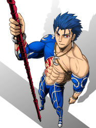 Rule 34 | 1boy, abs, absurdres, biceps, blue hair, blue pants, bodypaint, bracelet, bulge, chest strap, closed mouth, collarbone, crescent, crescent necklace, cu chulainn (fate), cu chulainn (fate/stay night), cu chulainn (second ascension) (fate), detached sleeves, earrings, fate/grand order, fate (series), foreshortening, from above, full body, gae bolg (fate), grin, highres, holding, holding polearm, holding weapon, jewelry, kamata (etoileazuki), looking at viewer, looking up, male focus, muscular, muscular male, navel, necklace, nipples, official alternate costume, pants, pectorals, polearm, red eyes, short hair, simple background, skin tight, smile, solo, spiked hair, standing, weapon, white background