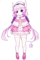 Rule 34 | 10s, 1girl, :&lt;, bad id, bad pixiv id, capelet, commentary, dragon girl, dragon horns, dragon tail, frilled capelet, frills, gradient hair, hair bobbles, hair ornament, hairband, highres, horns, kanna kamui, kobayashi-san chi no maidragon, light purple hair, long sleeves, looking at viewer, low twintails, multicolored hair, purple eyes, purple hair, ranong, solo, tail, thighhighs, twintails, white thighhighs, zettai ryouiki
