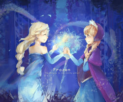 Rule 34 | 2girls, absurdres, anna (frozen), bad id, bad pixiv id, bare shoulders, blonde hair, blue eyes, blush, bonnet, braid, brown hair, cape, copyright name, detached sleeves, dress, elsa (frozen), english text, engrish text, freckles, frozen (disney), highres, huanxiang heitu, long hair, multiple girls, ranguage, siblings, single braid, sisters, smile, snowflakes, twin braids