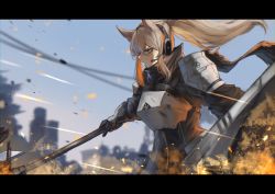 Rule 34 | 1girl, absurdres, animal ears, arknights, armor, blonde hair, blue sky, breastplate, building, commentary request, fighting, fighting stance, from side, frown, gauntlets, hasewo, headset, highres, horse ears, horse girl, letterboxed, mace, nearl (arknights), open mouth, ponytail, shield, sky, skyscraper, solo, weapon, white armor, yellow eyes