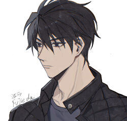 Rule 34 | 1boy, artist name, black eyes, black hair, black jacket, black shirt, character request, check character, closed mouth, expressionless, facing to the side, grey background, highres, jacket, looking ahead, madarame kei, male focus, shirt, short hair, slow damage, solo, yumi (honey)