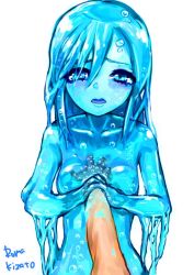 Rule 34 | 1girl, blue eyes, blue hair, blush, breasts, inside creature, looking at viewer, lue skin, medium breasts, monster girl, parted lips, roma kizato, slime girl, solo