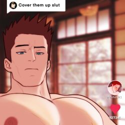 Rule 34 | 1boy, bara, boku no hero academia, cover them up slut (meme), endeavor (boku no hero academia), highres, indoors, looking at viewer, male focus, mature male, meme, muscular, muscular male, notidads (naughtydads), raised eyebrow, red hair, short hair, sideburns, solo, spiked hair, unamused, upper body