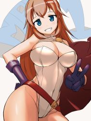 Rule 34 | 1girl, aegis (nerocc), bare shoulders, belt, blue eyes, blue gloves, blush, breasts, brown hair, cape, charlotte e. yeager, cleavage, cosplay, covered navel, crossover, dc comics, gloves, grin, hip focus, large breasts, leotard, long hair, looking at viewer, power girl, power girl (cosplay), smile, solo, standing, strike witches, thick thighs, thighs, v, world witches series