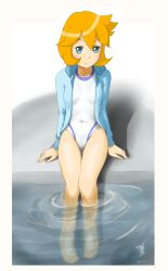 Rule 34 | 00s, 1girl, bad id, bad pixiv id, barefoot, blue eyes, covered navel, creatures (company), finalcake, flat chest, game freak, gym leader, jacket, jacket over swimsuit, misty (pokemon), nintendo, one-piece swimsuit, open clothes, open jacket, orange hair, pokemon, pokemon hgss, ripples, short hair, sitting, smile, soaking feet, solo, swimsuit, swimsuit under clothes, water