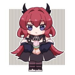 Rule 34 | 1girl, arknights, bare shoulders, black dress, black footwear, black jacket, blush stickers, brown pantyhose, chibi, closed mouth, double scoop, dress, female focus, food, full body, hair between eyes, hair intakes, holding, holding food, horns, ice cream, jacket, long sleeves, looking at viewer, off shoulder, open clothes, open jacket, outline, pantyhose, puffy long sleeves, puffy sleeves, purple eyes, red hair, shoes, sleeveless, sleeveless dress, solo, someyaya, standing, striped, striped background, surtr (arknights), thick eyebrows, vertical stripes, white outline