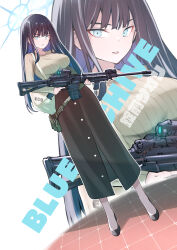 Rule 34 | 1girl, absurdres, alternate costume, assault rifle, bag, black footwear, black hair, blue archive, blue eyes, blue halo, breasts, brown skirt, character name, full body, grey sweater, gun, halo, highres, holding, holding gun, holding weapon, kojima takeshi, large breasts, long hair, long sleeves, looking at viewer, open mouth, pantyhose, ribbed sweater, rifle, saori (blue archive), shoes, sig 516, sig sauer, skirt, solo, standing, sweater, weapon, white pantyhose, zoom layer