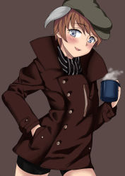 Rule 34 | 1girl, animal ears, bike shorts, blue eyes, blush, brown background, coat, cup, dog ears, hat, holding, isabelle du monceau de bergendal, jacket, komusou (jinrikisha), light smile, looking at viewer, mug, noble witches, open mouth, orange hair, purple eyes, scarf, short hair, shorts, simple background, smile, solo, steam, strike witches, striped clothes, striped scarf, world witches series