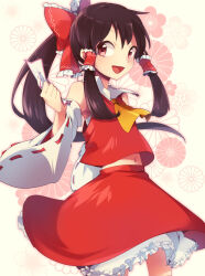 Rule 34 | 1girl, bare shoulders, blush, bow, brown hair, detached sleeves, dress, flower (symbol), frilled dress, frills, hakurei reimu, hisaboden, holding, long hair, navel, neckerchief, nontraditional miko, ofuda, open mouth, ponytail, red bow, red dress, solo, standing, touhou, yellow neckerchief