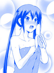 Rule 34 | 1girl, banana, blue theme, blush, collarbone, food, fruit, holding, k-on!, long hair, monochrome, na! (na&#039;mr), nakano azusa, naked towel, open mouth, round teeth, sexually suggestive, solo, teeth, towel, twintails, wet