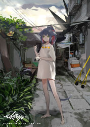 Rule 34 | 1girl, absurdres, animal ears, arknights, bare legs, blue hair, building, bush, cat ears, cat girl, cat tail, closed mouth, cloud, cloudy sky, colored inner hair, commentary request, day, full body, green eyes, hand up, highres, jessica (arknights), light smile, looking at viewer, multicolored hair, originium (arknights), outdoors, ponytail, red hair, sandals, shinnasuka025, shirt, short sleeves, sky, solo, standing, tail, white shirt