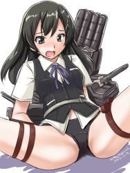 Rule 34 | 1girl, black hair, black panties, black vest, blue neckwear, blue ribbon, blush, cannon, commentary request, dated, dress shirt, grey eyes, hair ornament, hairclip, kantai collection, long hair, lying, machinery, open mouth, oyashio (kancolle), panties, ribbon, shadow, shirt, simple background, solo, spread legs, tatsumi ray, torpedo, torpedo launcher, turret, twitter username, underwear, vest, white background, white shirt