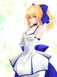 Rule 34 | 1girl, ahoge, artoria pendragon (all), artoria pendragon (fate), blonde hair, blush, bow, breasts, cleavage, closed mouth, cowboy shot, dress, elbow gloves, fate/grand order, fate (series), gloves, green eyes, hair bow, highres, kaze minoru so-ru, long hair, looking at viewer, ponytail, saber (fate), saber (pure night dress) (fate), saber lily, small breasts, smile, solo, thighhighs, white dress, white gloves, white thighhighs