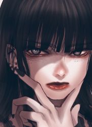 Rule 34 | 1girl, black hair, closed mouth, ear piercing, earrings, freckles, grey eyes, highres, hoshi san 3, jewelry, lipstick, long hair, looking at viewer, makeup, original, piercing, portrait, red lips, solo, v over mouth