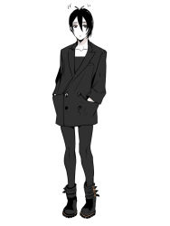 Rule 34 | 10s, 1boy, ankle boots, black footwear, black hair, black jacket, black leggings, black shirt, boots, buttons, double-breasted, full body, greyscale, hands in pockets, jacket, leggings, looking at viewer, male focus, mikazuki munechika, monochrome, shirt, shoes, short hair, simple background, solo, standing, touken ranbu, white background, zuwai kani