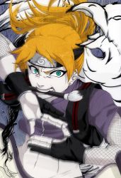Rule 34 | 1boy, blonde hair, clenched teeth, earrings, fingerless gloves, forehead protector, gloves, green eyes, headband, highres, jewelry, long hair, looking at viewer, male focus, midriff, motion blur, mouth hold, naruto, naruto (series), paintbrush, pale skin, ponytail, ruotarou, scroll, solo, teeth, yamanaka inojin