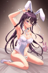 Rule 34 | 1girl, absurdres, among us, animal ears, armlet, armpits, bare legs, bed sheet, between legs, black hair, black nails, blush, bow, breasts, cherrhara, closed mouth, collarbone, detached collar, embarrassed, fake animal ears, fake tail, full body, gradient background, hair bow, hand between legs, hand in own hair, high heels, highres, indoors, kanzaki kaori, large breasts, legs, leotard, long hair, looking at viewer, on bed, pink (among us), playboy bunny, ponytail, purple eyes, rabbit ears, rabbit tail, signature, sitting, solo, strapless, strapless leotard, tail, thighs, toaru majutsu no index, very long hair, wariza, white bow, white footwear, white leotard, wrist cuffs