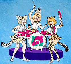 Rule 34 | 10s, 3girls, :d, animal ears, archie comics, bare shoulders, blonde hair, blue background, bow, bowtie, cat ears, cat tail, drum, drum set, drumsticks, elbow gloves, female focus, fur collar, gloves, guitar, hanna-barbera, instrument, jaguar (kemono friends), jaguar ears, jaguar tail, japari symbol, josephine mccoy, josie and the pussycats, kemono friends, looking at viewer, melody valentine, multicolored hair, multiple girls, music, open mouth, parody, playing instrument, sand cat (kemono friends), serval (kemono friends), serval print, serval tail, shirt, short hair, short sleeves, simple background, skirt, sleeveless, smile, streaked hair, style parody, tail, tambourine, tareme, unno hotaru, valerie brown, white shirt, yellow eyes