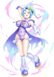 Rule 34 | 1girl, absurdres, armpits, blue hair, boots, breasts, cape, commentary, covered erect nipples, covered navel, full body, gloves, heart, highres, impossible clothes, lactation, large breasts, leotard, magical girl, menmon, nipple piercing, original, piercing, piercing through clothes, pointing, pointing at viewer, pubic hair, purple eyes, purple leotard, ribbon, see-through, side ponytail, smile, solo