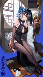 Rule 34 | 1girl, absurdres, alternate costume, alternate hairstyle, ankle strap, arm support, bare shoulders, between legs, black footwear, black gloves, black hair, black thighhighs, blue eyes, blue flower, blue nails, blue rose, blush stickers, breasts, bridal gauntlets, bridal legwear, bright pupils, chinese new year, chinese zodiac, cleavage, cleavage cutout, closed mouth, clothing cutout, commentary, covered navel, criss-cross halter, crossed ankles, dress, elbow gloves, english commentary, fingernails, flower, full body, gloves, groin, hair flower, hair ornament, halter dress, halterneck, highres, holding, holding sword, holding weapon, hololive, hololive english, hydrangea, lace, lace-trimmed gloves, lace trim, large breasts, light blush, long fingernails, looking at viewer, moyomo, nail polish, no panties, ouro kronii, pelvic curtain, rose, round window, short hair, side-tie skirt, sideless outfit, sitting, sleeveless, sleeveless dress, smile, solo, sword, thighhighs, virtual youtuber, weapon, white pupils, window, year of the rabbit