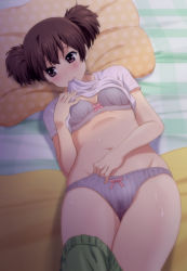 Rule 34 | 1girl, bad id, bad pixiv id, bed, bed sheet, biting, blanket, blush, body blush, bow, bow bra, bow panties, bra, brown eyes, brown hair, clothes lift, clothes pull, embarrassed, from above, grey bra, grey panties, k-on!, lingerie, lying, midriff, navel, on back, open clothes, panties, pants, pants pull, pillow, sexually suggestive, shian (my lonly life.), shirt, shirt lift, short twintails, solo, striped bra, striped clothes, striped panties, suzuki jun, sweat, t-shirt, thighs, twintails, underwear, untied, vertical-striped bra, vertical-striped clothes, vertical-striped panties