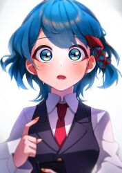 Rule 34 | 1girl, absurdres, black jacket, blue eyes, blue hair, blurry, depth of field, hair ribbon, highres, jacket, kq4ny, looking at viewer, nail polish, necktie, open mouth, orange nails, original, red necktie, red ribbon, ribbon, shirt, short hair, simple background, sleeveless, sleeveless jacket, solo, surprised, upper body, white background, white shirt